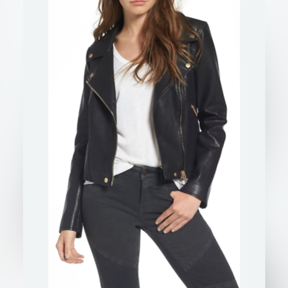 Blank NYC Black Leather Jacket with Gold Accents